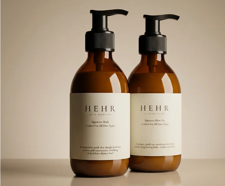 HEHR Elite Haircare Signature Mask and Signature Blow Dry Cream set in amber glass bottles.